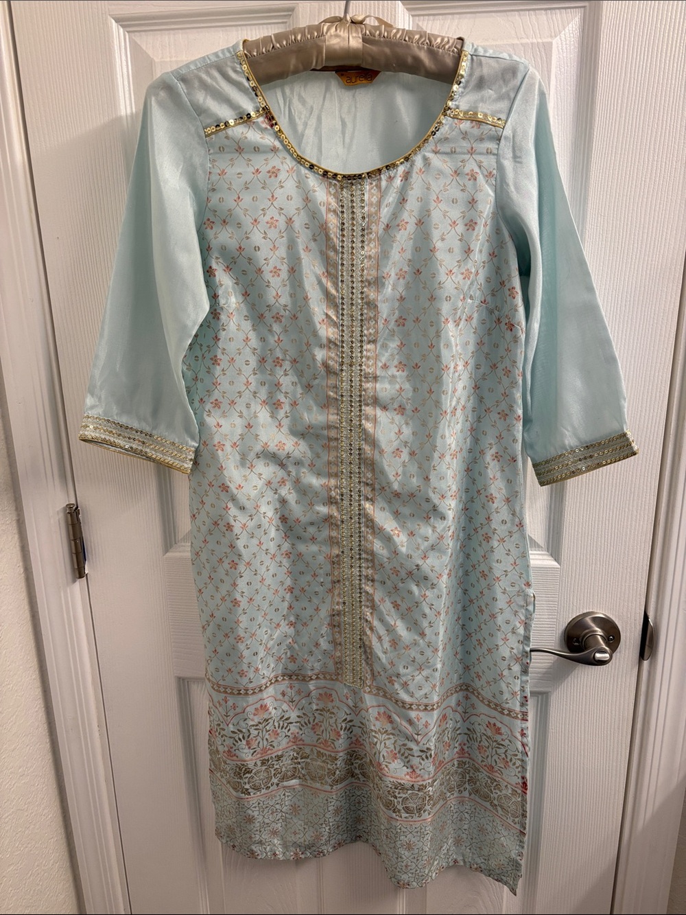 Light Blue Embroidered AURELIA Tunic Top Gold Trim and Sequins - Size S